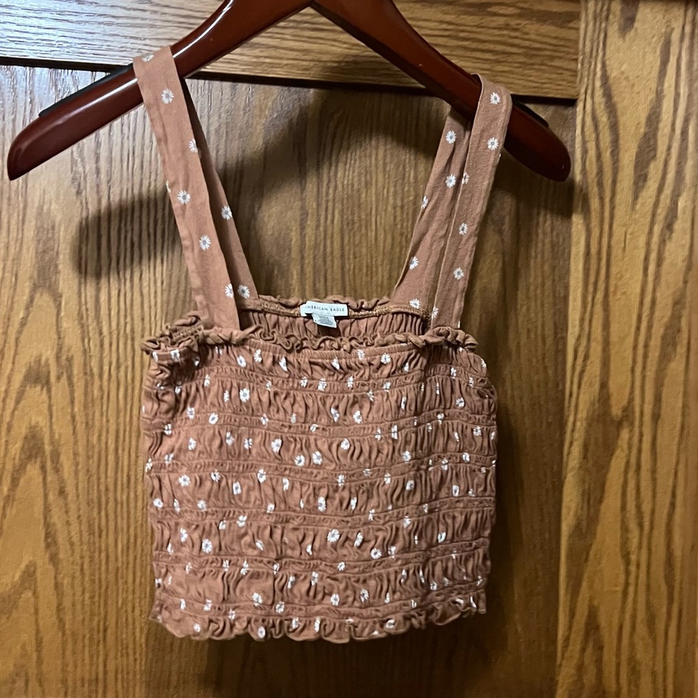 American Eagle Outfitters Brown Smocked Top with White Embroidery